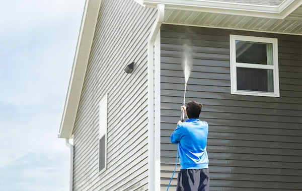 Person in a blue shirt using a pressure washer wand to clean gray vinyl siding on a two-story house